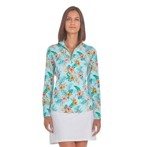 Cabana life polo, long sleeve floral rash guard.